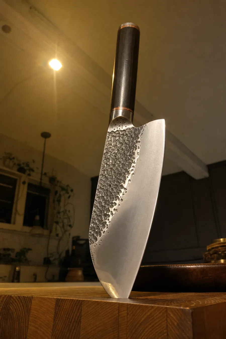 Customer photo: knife standing in an end-grain butcher block