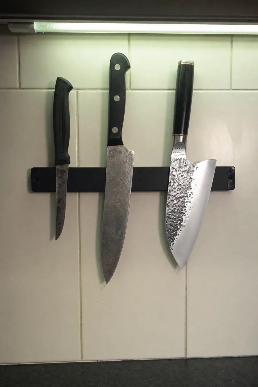 Customer photo: on a magnetic wall strip beside older knives