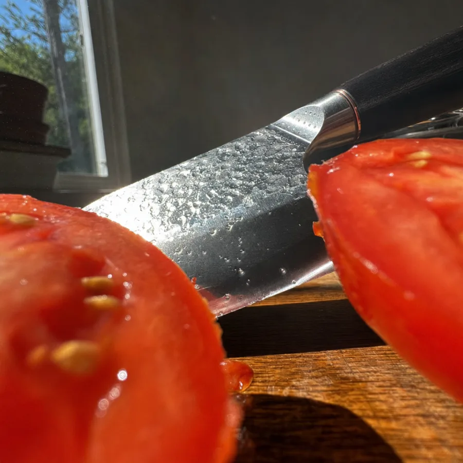 Customer photo: a tomato falling apart on the board